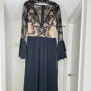 formal evening maxi dress in black and nude.
